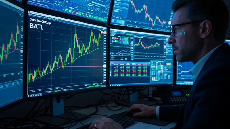 professional investor analyzing Battalion Oil Corp BATL stock chart on multiple monitors, dramatic price surge visualization, dark trading room, photorealistic, 4k