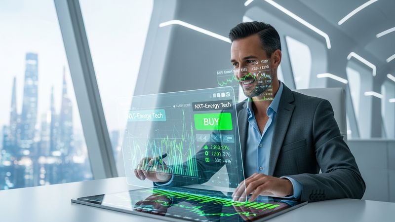 professional trader smiling comfortably in a futuristic office, making profitable trades in modern energy tech stocks on a seamless tablet screen, photorealistic, 4k
