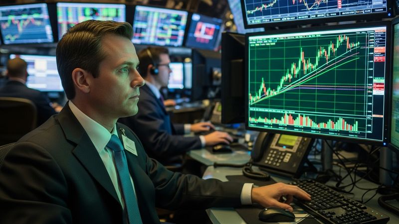 professional wall street trader looking at green stock market charts of energy sector, 4k
