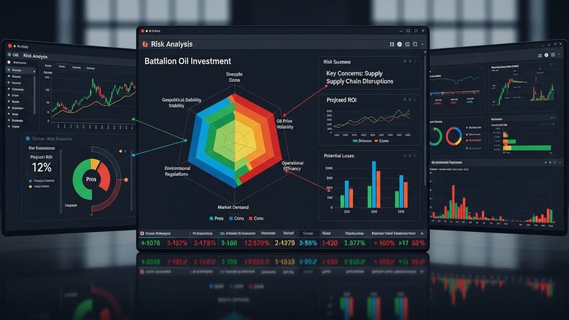 risk analysis chart showing battalion oil investment pros and cons, financial risk assessment visualization, professional trading screen, photorealistic