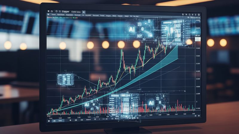 sophisticated financial chart showing consistent upward trend for copper commodity prices, overlaid with AI data center schematics, professional trading environment, photorealistic, 4k