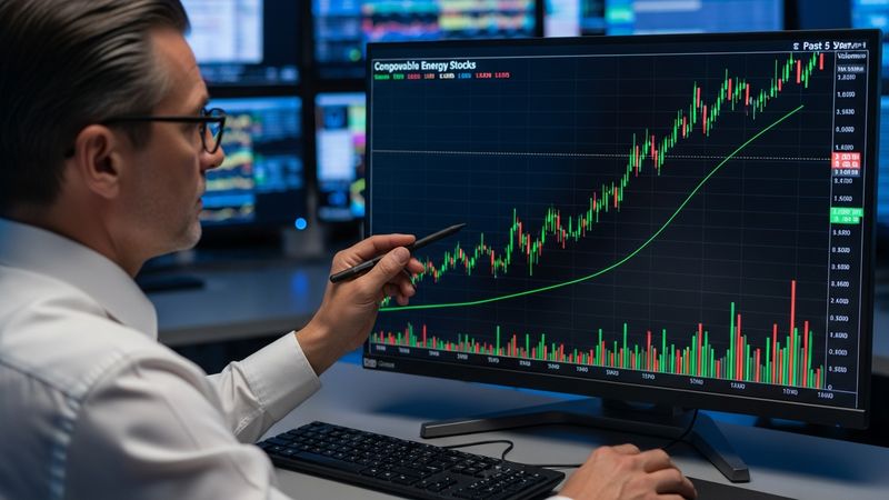 sophisticated financial chart showing consistent upward trend for renewable energy stocks, professional trader reviewing data, green tech investment boom, photorealistic, 4k