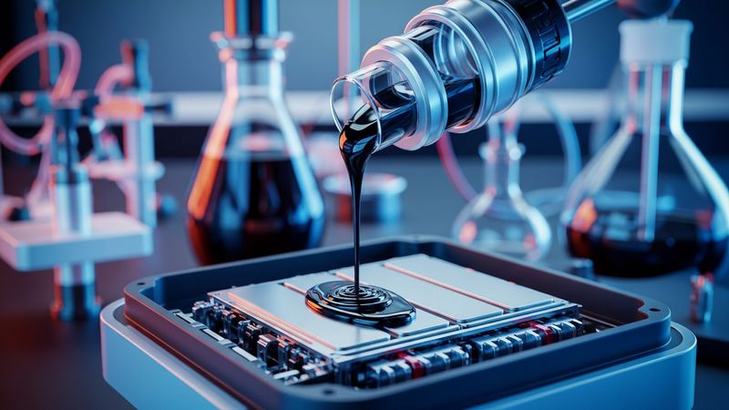 sophisticated laboratory test tube pouring black nano liquid silicon or CNT additives into a modern EV battery cell, neon lighting, advanced chemical battery engineering, photorealistic, 4k