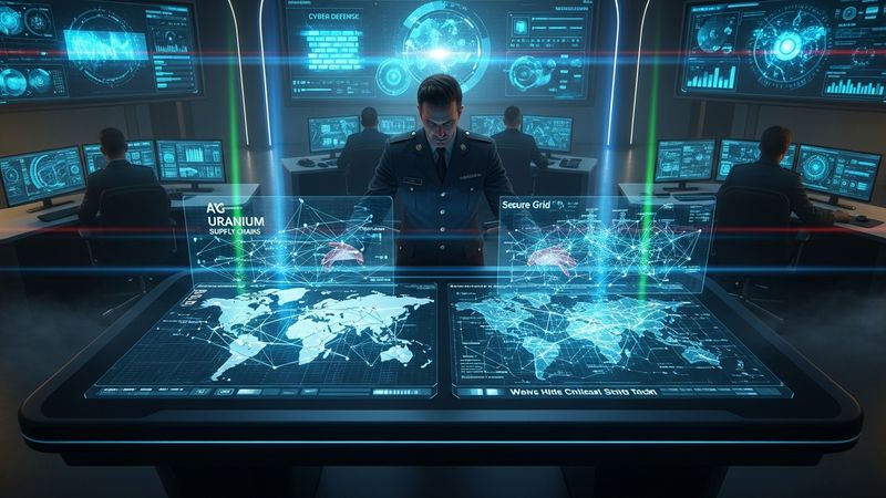 sophisticated military command center holographically displaying global uranium supply chains and secure power grid networks, cyber defense concept, cinematic lighting, 4k