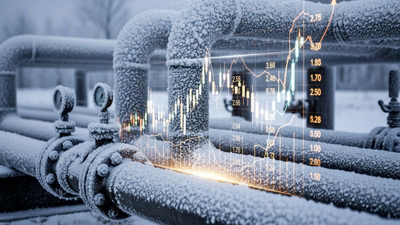 sophisticated trading chart overlapping with natural gas pipes covered in frost, winter energy crisis concept, high volatility stock analysis, photorealistic, premium lighting, 4k