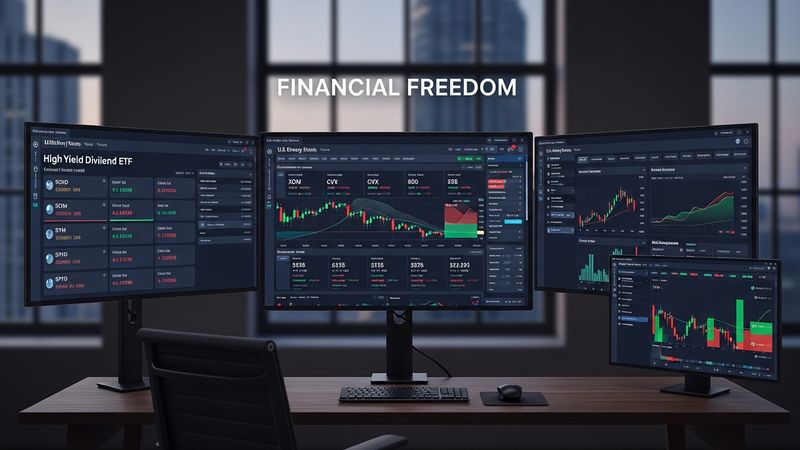 sophisticated wall street trading interface showing a portfolio of US energy stocks and high yield dividend ETFs, financial freedom concept, multiple screens, photorealistic, 4k