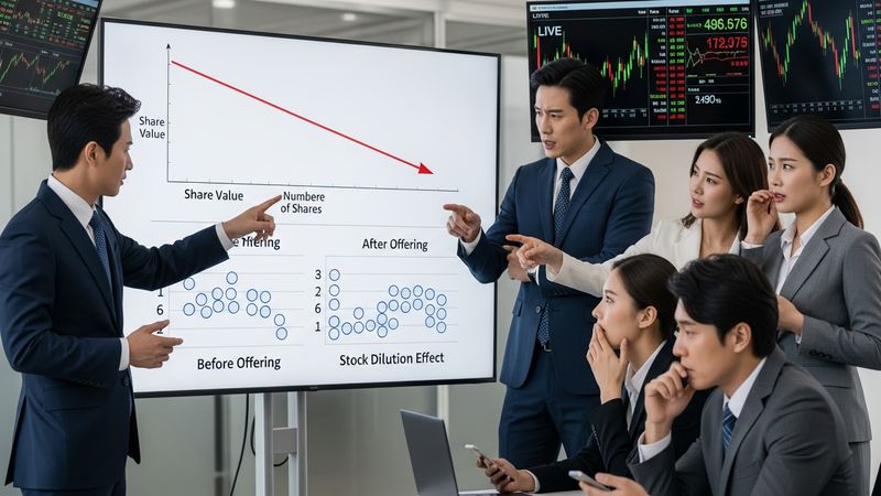 stock dilution effect diagram showing share value decrease after offering, Korean investors watching stock price drop, financial education concept, photorealistic