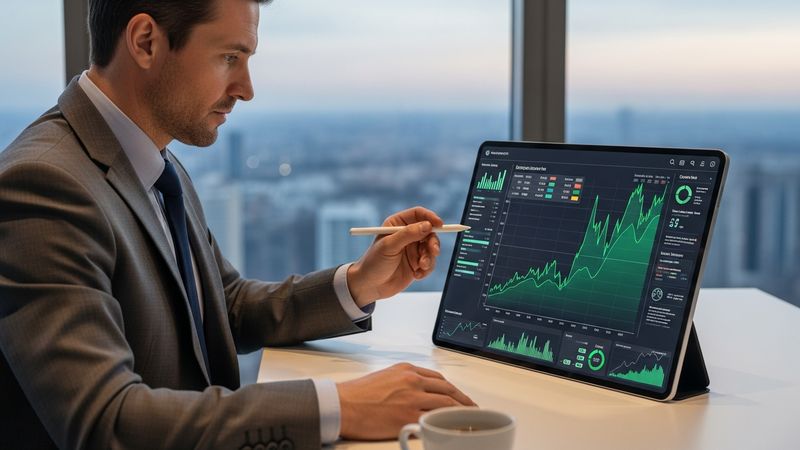 stock market analyst reviewing detailed energy sector reports on a glowing smart tablet, green graph trending up, financial success concept, photorealistic, 4k
