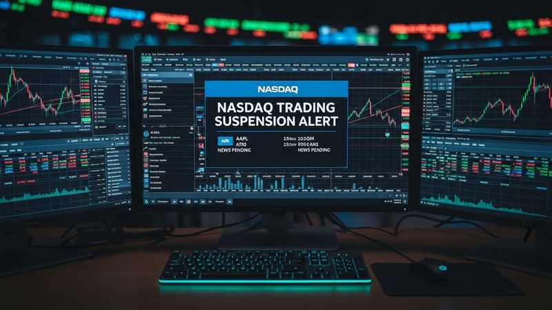 stock trading halt notification on financial screen, NASDAQ trading suspension alert, professional trading terminal, photorealistic, 4k