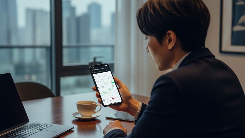 successful Korean investor using mobile trading app analyzing US high dividend energy ETF during evening hours, coffee on modern table, financial growth, photorealistic, 4k