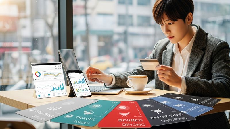 young Korean consumer using smart card strategy, multiple cards for different spending categories, modern lifestyle financial planning, photorealistic, 4k