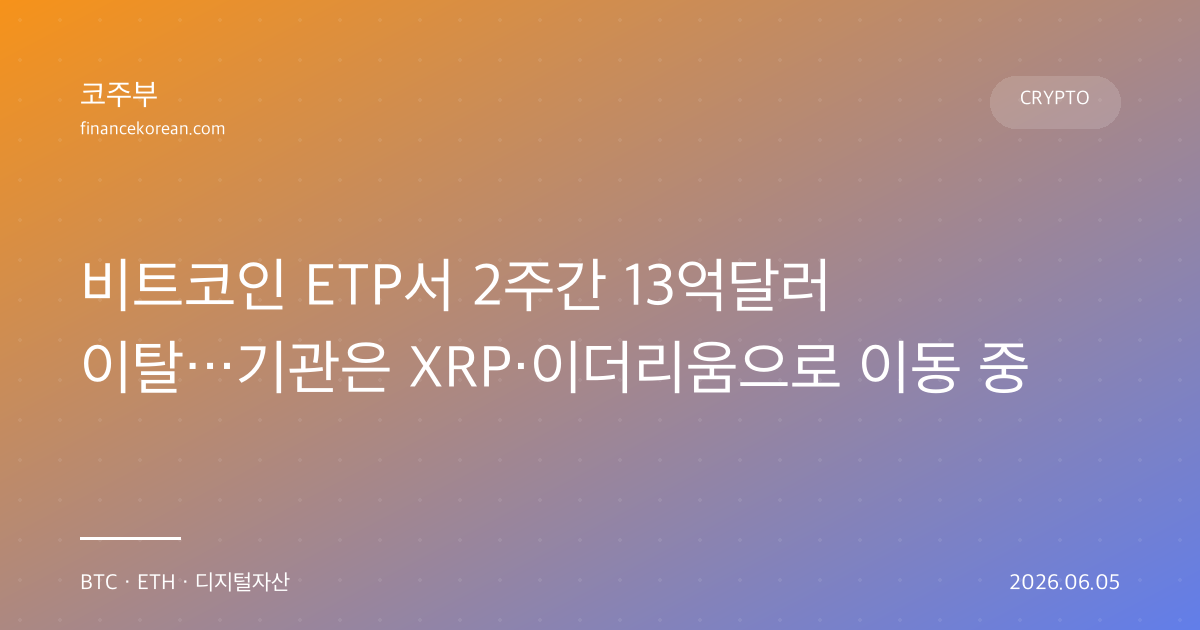 비트코인 ETP서 2주간 13억달러 이탈…기관은 XRP·이더리움으로 이동 중