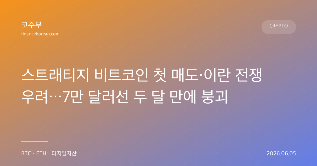 스트래티지 비트코인 첫 매도·이란 전쟁 우려…7만 달러선 두 달 만에 붕괴